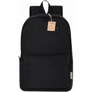 A black backpack with a simple design, featuring a front zippered pocket and a hanging tag.