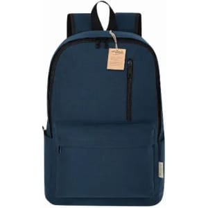 A dark blue backpack with a front zip pocket, adjustable straps, and a tag attached.