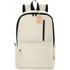 A backpack in a light cream colour with a front zip pocket and black accents. It features adjustable straps and a tag.