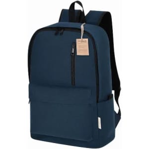 A blue backpack with a front zip pocket and adjustable shoulder straps. It features a tag and a simple design.