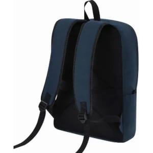 A backpack with navy blue and black fabric, featuring adjustable straps and a simple design.