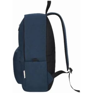 A blue backpack with a sleek design, featuring padded straps and a textured fabric. Includes a brand logo.