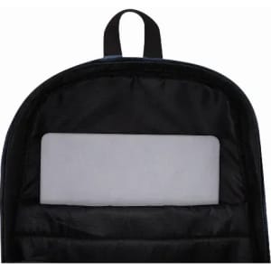 A backpack interior featuring a padded compartment against a black lining. It has a top handle for easy carrying.