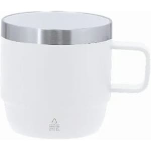 A drink bottle in white with a stainless steel lid and a sturdy handle. It features a modern, sleek design.