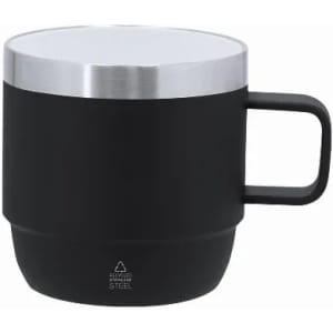 A drink bottle with a black exterior and a silver stainless steel lid. It features a sturdy handle and branding on the base.