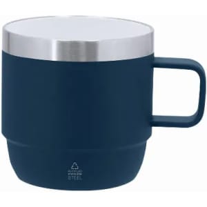 A drink bottle with a navy blue body and a stainless steel lid, featuring a sturdy handle.