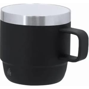 A drink bottle with a black body and silver lid, featuring a sturdy handle and a sleek design.