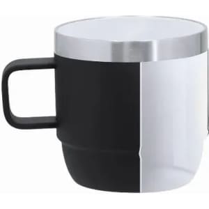 A drink bottle with a sleek design featuring a black and white finish, accented by a silver rim and a handle.