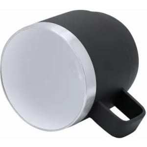 A drink bottle in black with a silver top and a handle, featuring a logo on the body.