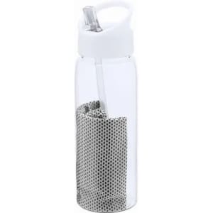 A drink bottle with a clear body, white lid, and a grey mesh pouch inside. It features a straw and a handle.