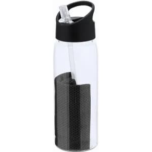 A drink bottle featuring transparent material with a black base and a built-in straw. It has a logo on the side.