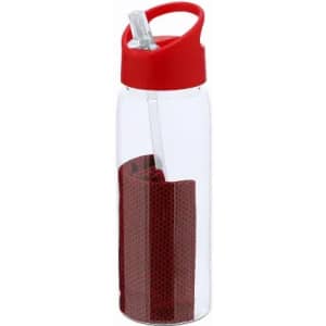 A drink bottle with a clear body and a red lid, featuring a built-in straw and a textured red sleeve.