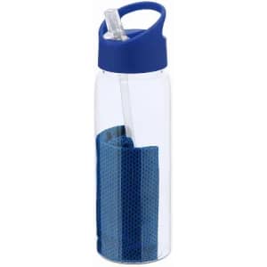 A drink bottle featuring a clear body with a blue lid and a built-in straw, accompanied by a blue mesh sleeve.