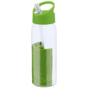 A drink bottle with a clear body and a green lid and straw, featuring a green mesh sleeve inside.