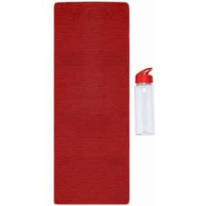 A red drink bottle with a transparent body and a red lid, placed next to a red mat.