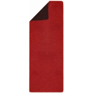 A red and brown promotional product with a textured finish and a folded corner. It has a logo.