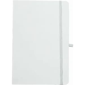 A notebook with a white cover, featuring an elastic band closure and a simple design. It has a logo on the front.