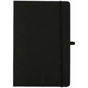 A black notebook with an elastic band closure and a ribbon bookmark, featuring a smooth matte finish.