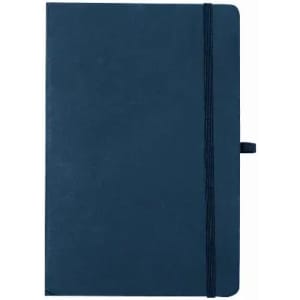 A navy blue notebook with a rubber band closure and a ribbon bookmark. It has a smooth, matte finish.