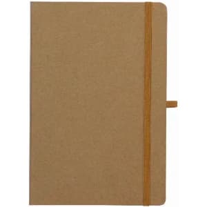 A kraft notebook with an elastic band closure and a rounded corner design. It features a plain cover without branding.