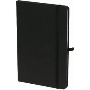 A black notebook with a smooth cover, elastic closure, and a bookmark ribbon. It features a logo on the front.