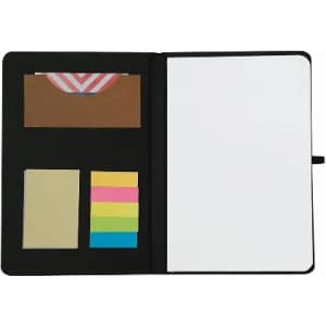 A notebook with a black cover, featuring sticky notes in pastel colours and a cardholder.