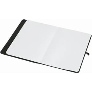 A notebook featuring a black cover and blank white pages, open to reveal two internal pages.