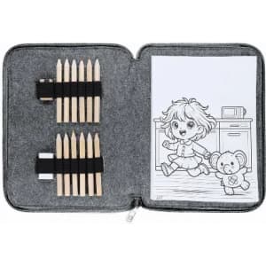 A colouring book set featuring a zippered case, coloured pencils, and a black and white illustration of a child with a teddy bear.