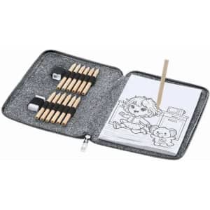 A colouring set featuring a zippered case, colouring pencils, and a stack of blank pages with a cute illustration.