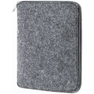 A grey zippered portfolio made from felt, featuring a simple and sleek design.