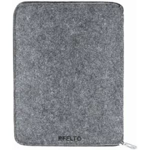 A grey felt laptop sleeve with a zipper, featuring a small logo at the bottom.