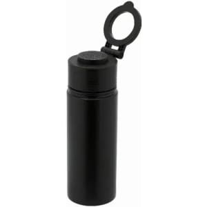 A drink bottle in sleek black with a flip-top lid and a textured grip area. It features a logo on the body.