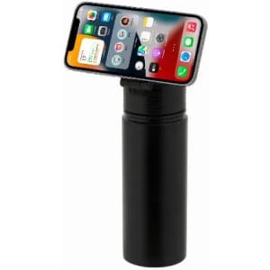 A drink bottle in black with a holder for a smartphone on top, featuring a sleek design and branding.