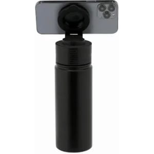 A drink bottle in black with a lid attachment designed to hold a smartphone securely.