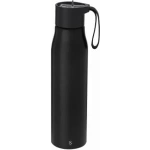A drink bottle in matte black with a screw-on lid and a handle. It features a logo at the base.