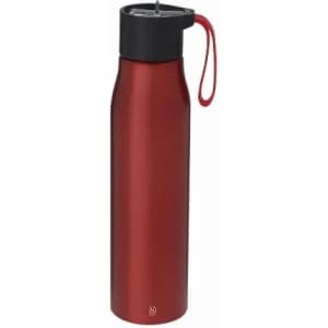 A drink bottle in a glossy red finish with a black lid and a matching carry strap. Includes a logo on the side.