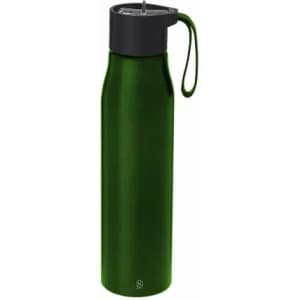 A drink bottle in a sleek dark green shade with a black cap and a carry loop. It features a logo on the body.