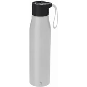 A drink bottle in sleek white with a black lid, featuring a carrying strap and a logo.