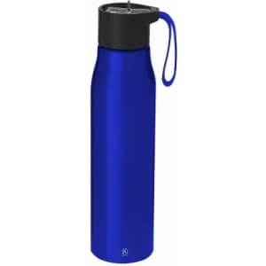 A drink bottle in bright blue with a black lid and a loop handle. It features a logo on the lower section.