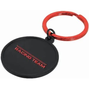 A keyring with a black circular tag and a red metal ring, featuring the text "RACING TEAM".