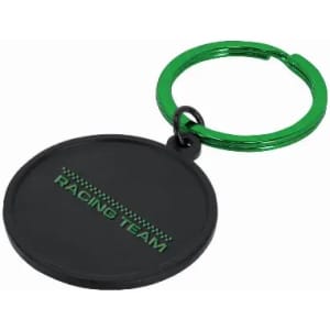A keyring featuring a black circular tag with a green metal keychain attachment.