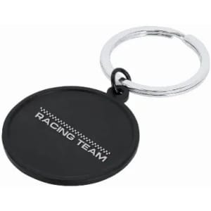 A black keychain with a circular pendant and a keyring, featuring the text "RACING TEAM."