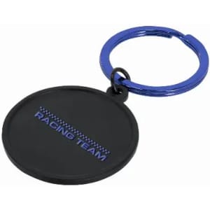 A key ring featuring a circular black pendant with blue accents and a branding logo.