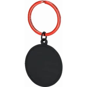 A keyring with a red clip and a round black attachment for customisation or branding.