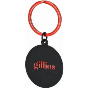A keyring with a red metal clasp and a black circular tag featuring branding.
