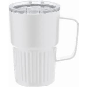 A drink bottle in white with a textured body, featuring a clear lid and handle. It includes a logo.