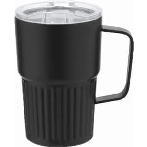 A drink bottle in matte black with a ribbed texture and a clear lid, featuring a handle.