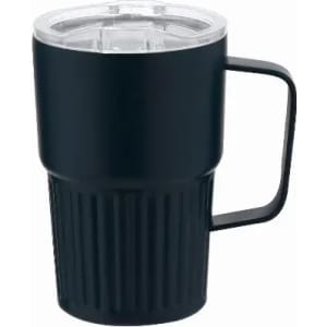 A drink bottle in black with a ribbed design and a clear lid. It features a sturdy handle and a logo.