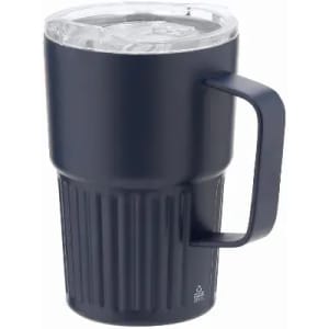 A drink bottle in navy blue, featuring a textured design and a transparent lid with a handle.