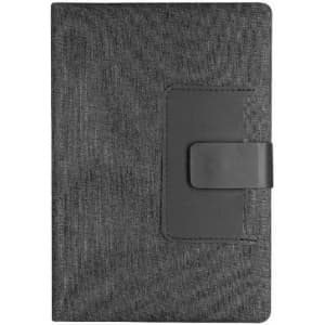 A grey notebook with a textured cover and a black clasp. It features a logo on the front.